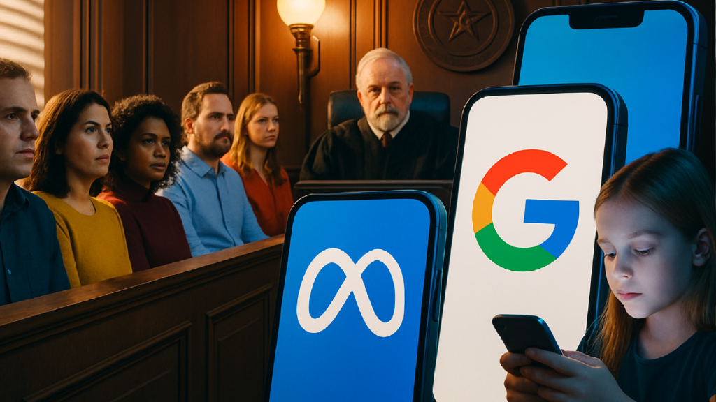 Imagem ilustrativa sobre Júri popular contra Meta e Google entra no 3º dia de julgamento; redes são acusadas de causar vício