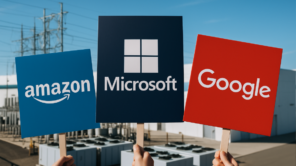 Imagem ilustrativa sobre Investidores pressionam Amazon, Microsoft e Google por gasto de água e energia em data centers nos E
