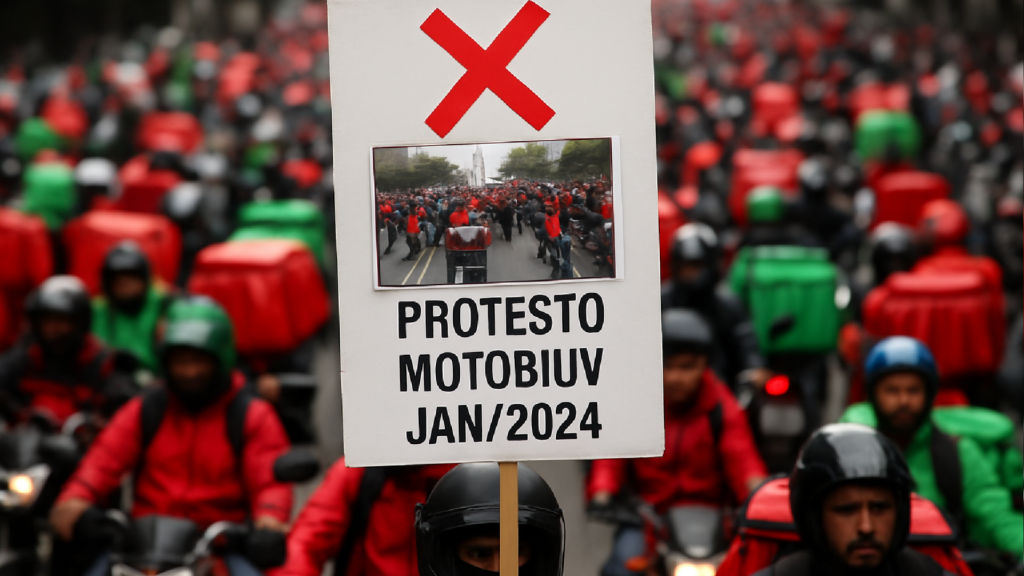 Imagem ilustrativa sobre É #FAKE que vídeo mostre ato de entregadores contra governo Lula; imagens exibem protesto após morte